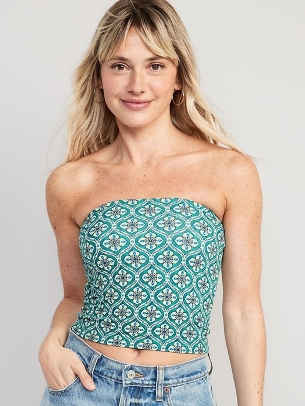 Old Navy Teal Tile-Print Strapless Tube Top